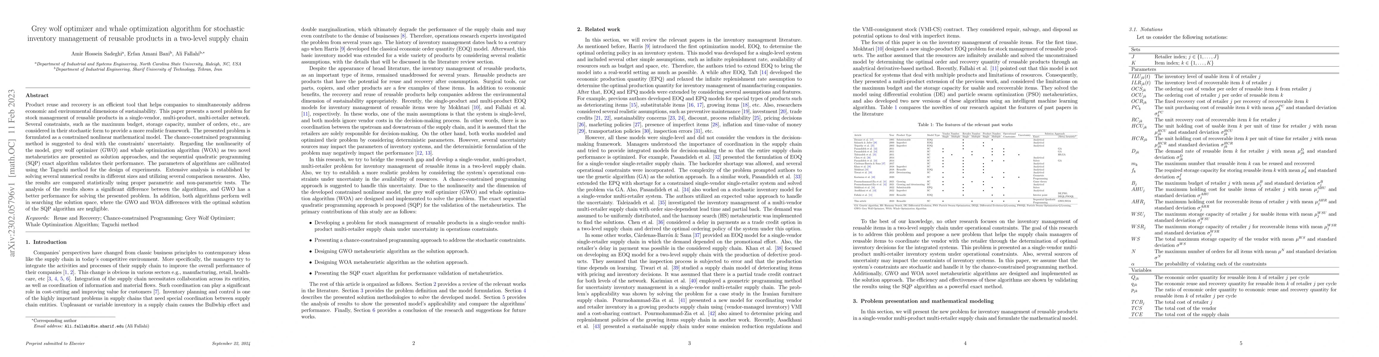 Thumbnail for Grey Wolf Optimizer and Whale Optimization Algorithm for Stochastic
  Inventory Management of Reusable Products in a two-level Supply Chain