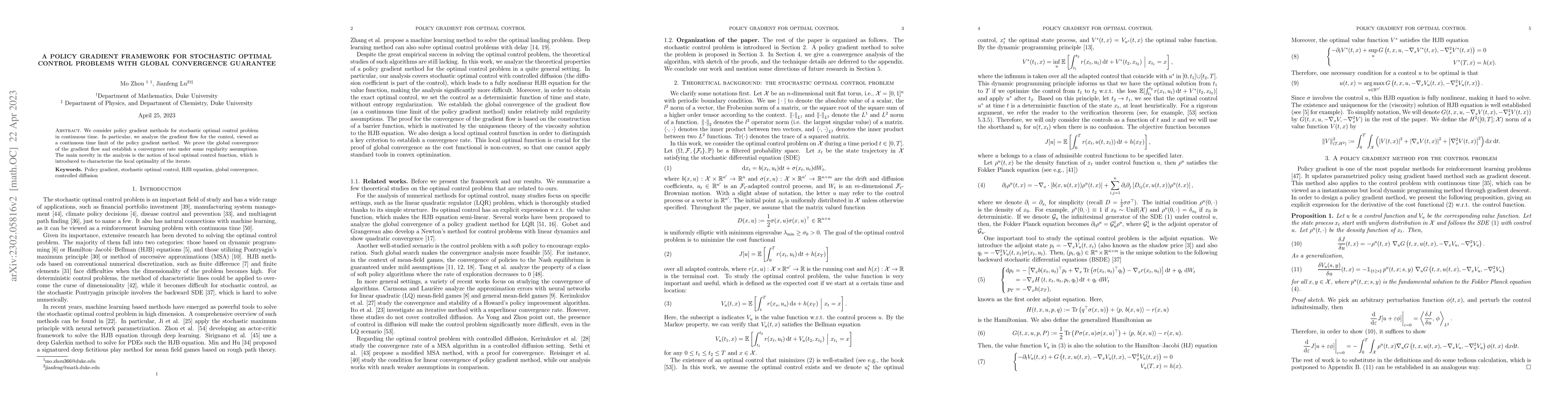 Thumbnail for A Policy Gradient Framework for Stochastic Optimal Control Problems with
  Global Convergence Guarantee