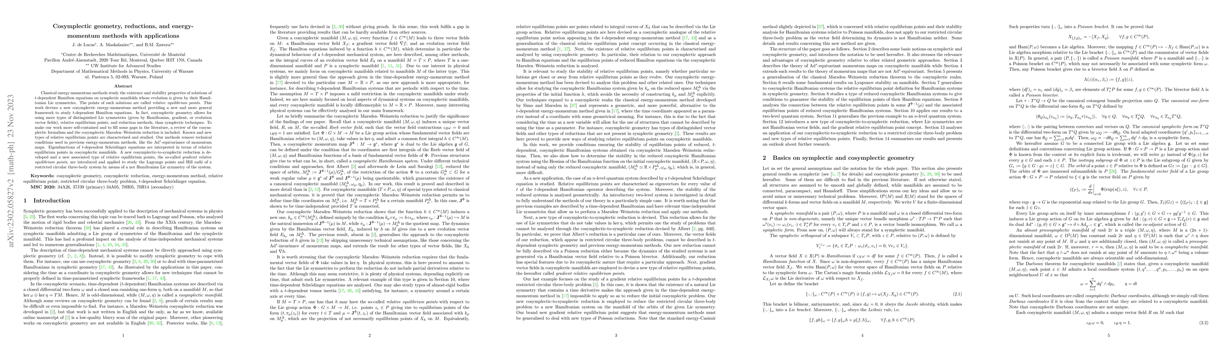 Thumbnail for Cosymplectic geometry, reductions, and energy-momentum methods with
  applications