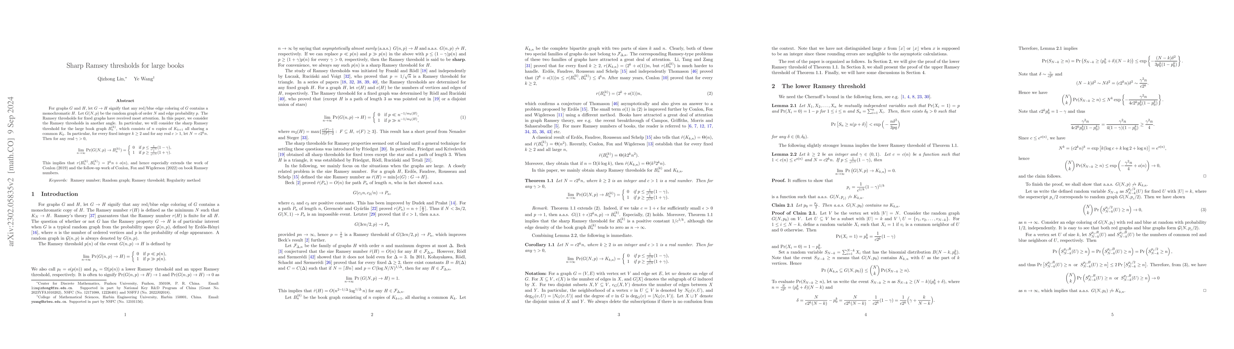 Thumbnail for Sharp Ramsey thresholds for large books