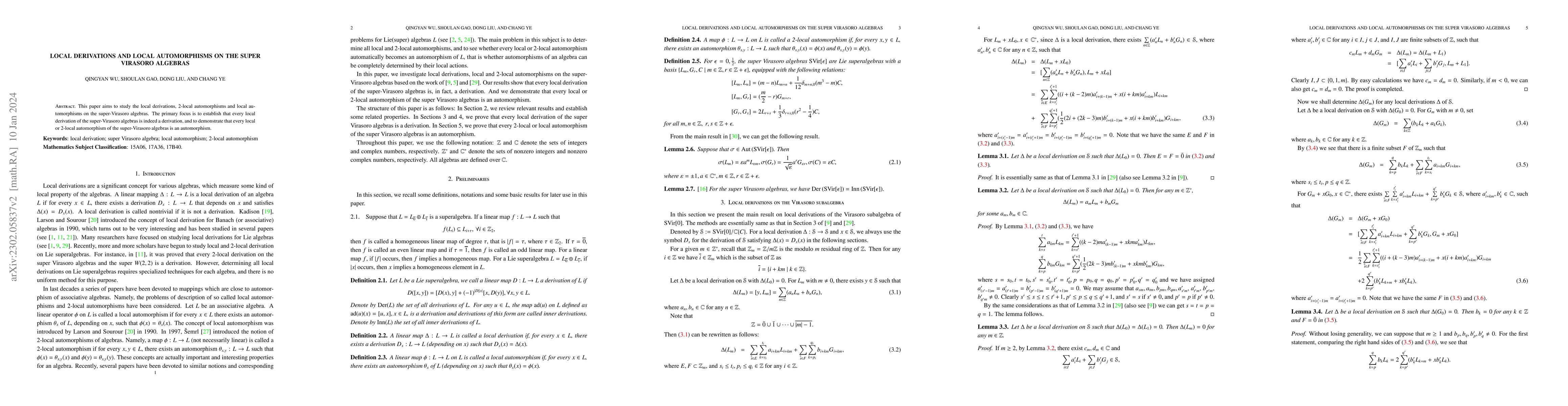 Thumbnail for Local derivations and local automorphisms on the super Virasoro algebras