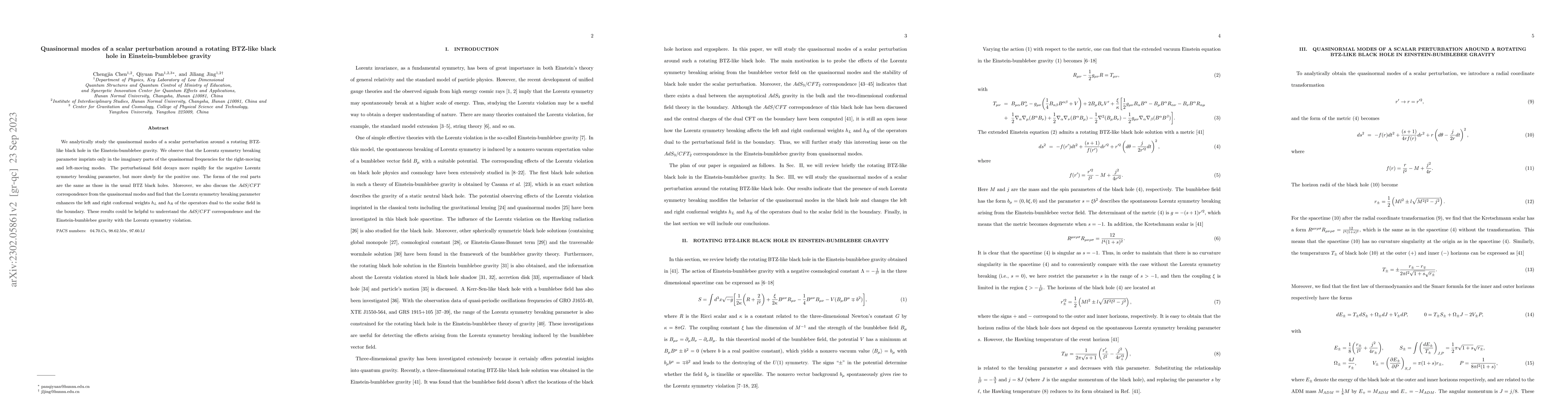 Thumbnail for Quasinormal modes of a scalar perturbation around a rotating BTZ-like
  black hole in Einstein-bumblebee gravity