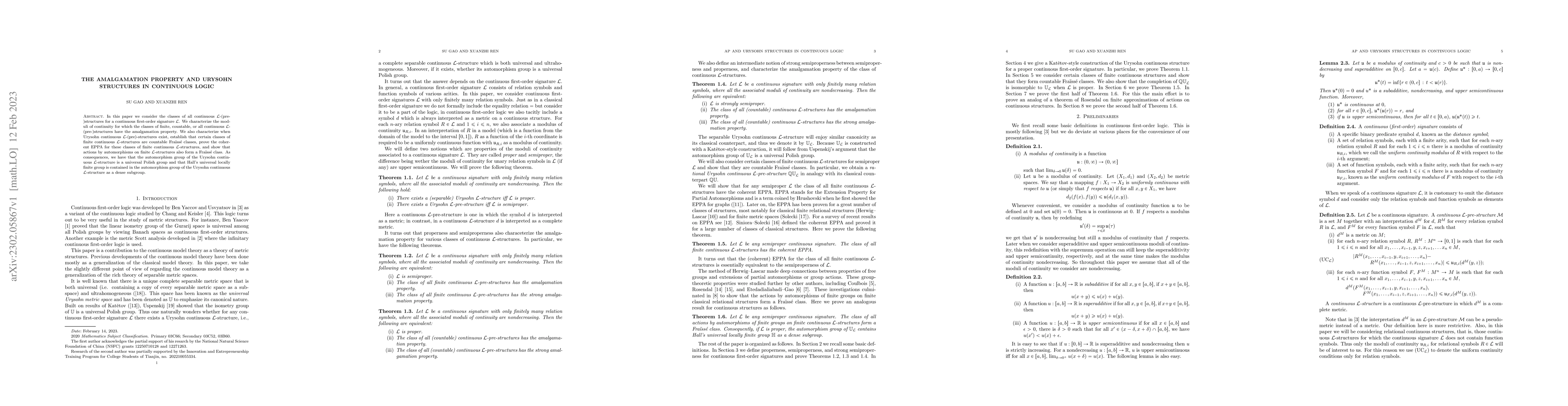 Thumbnail for The amalgamation property and Urysohn structures in continuous logic