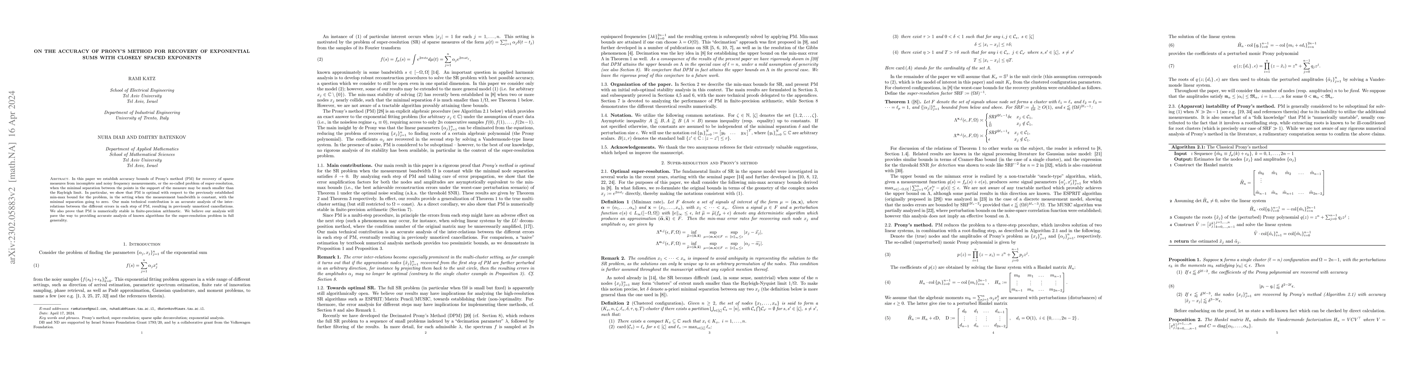Thumbnail for On the accuracy of Prony's method for recovery of exponential sums with
  closely spaced exponents