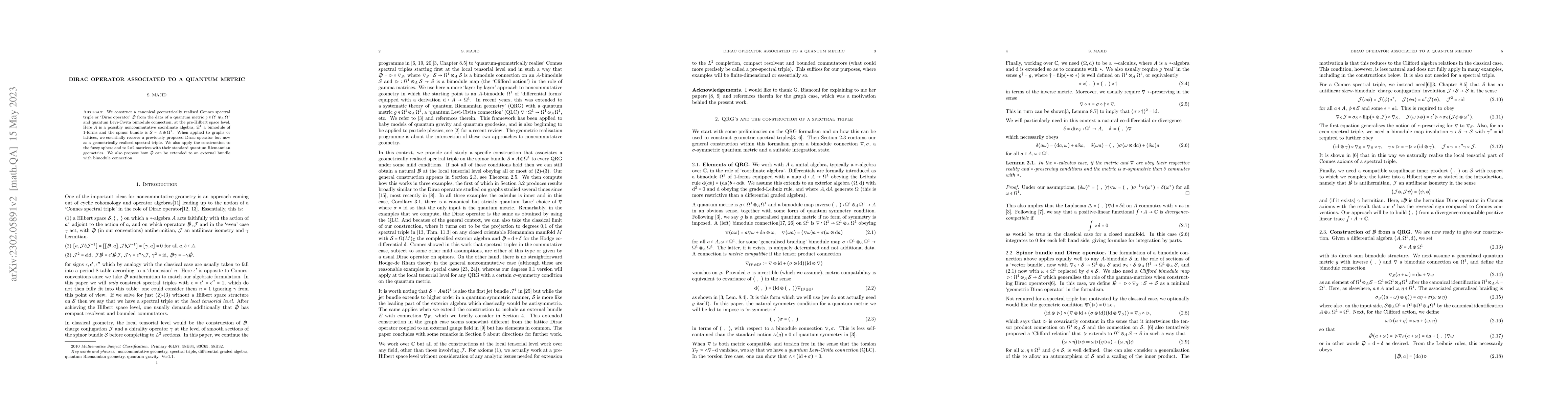 Thumbnail for Dirac operator associated to a quantum metric