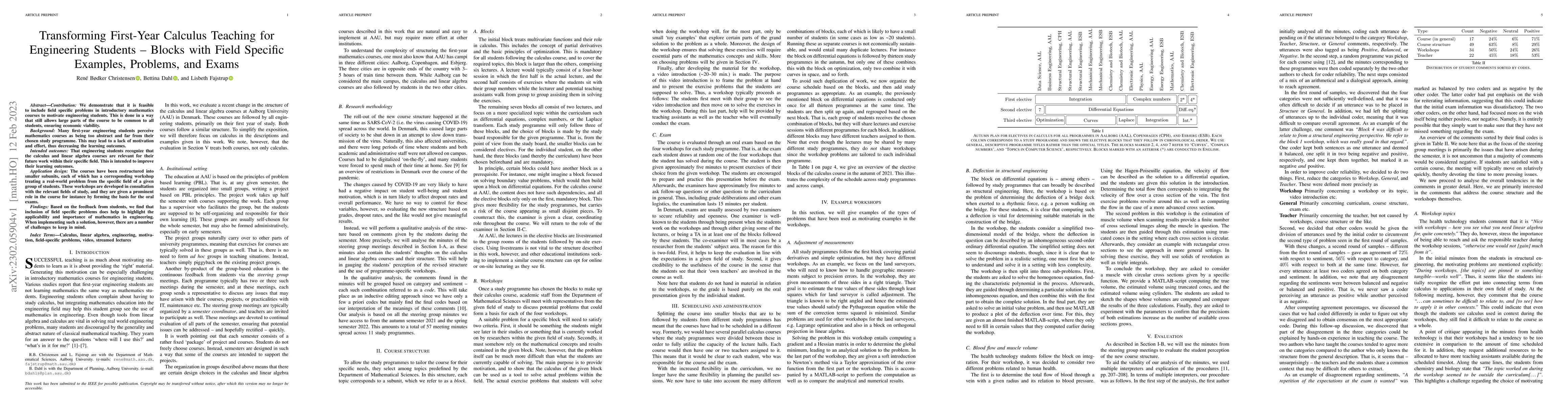 Thumbnail for Transforming First-Year Calculus Teaching for Engineering Students --
  Blocks with Field Specific Examples, Problems, and Exams