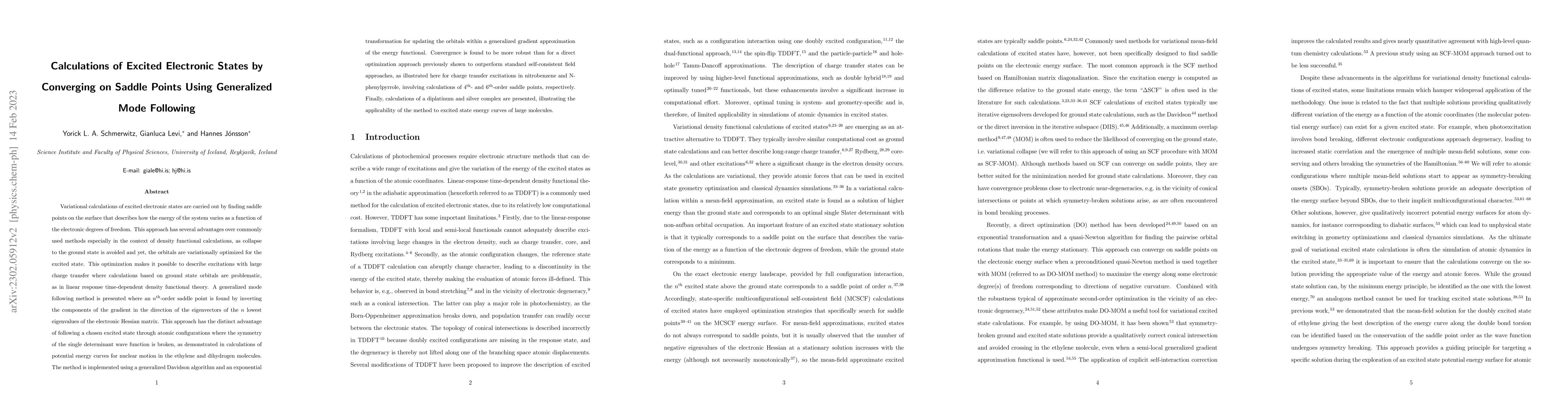Thumbnail for Calculations of Excited Electronic States by Converging on Saddle Points
  Using Generalized Mode Following