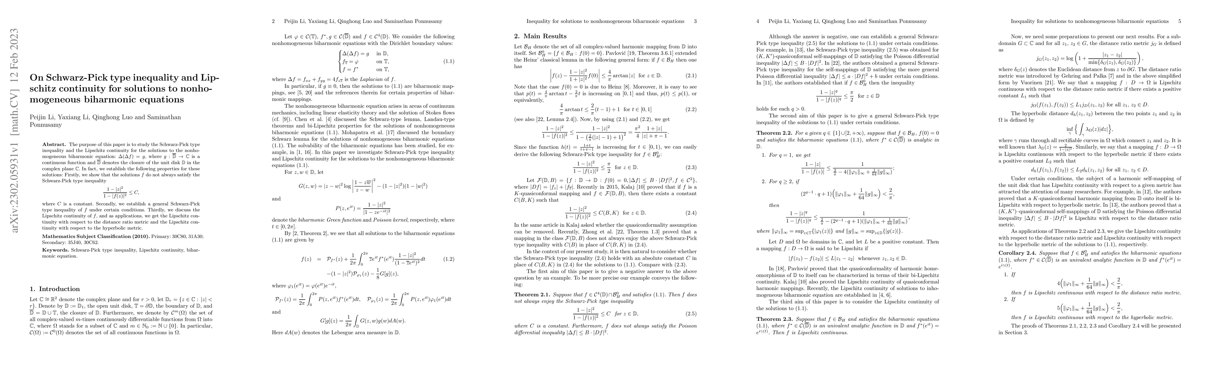 Thumbnail for On Schwarz-Pick type inequality and Lipschitz continuity for solutions
  to nonhomogeneous biharmonic equations