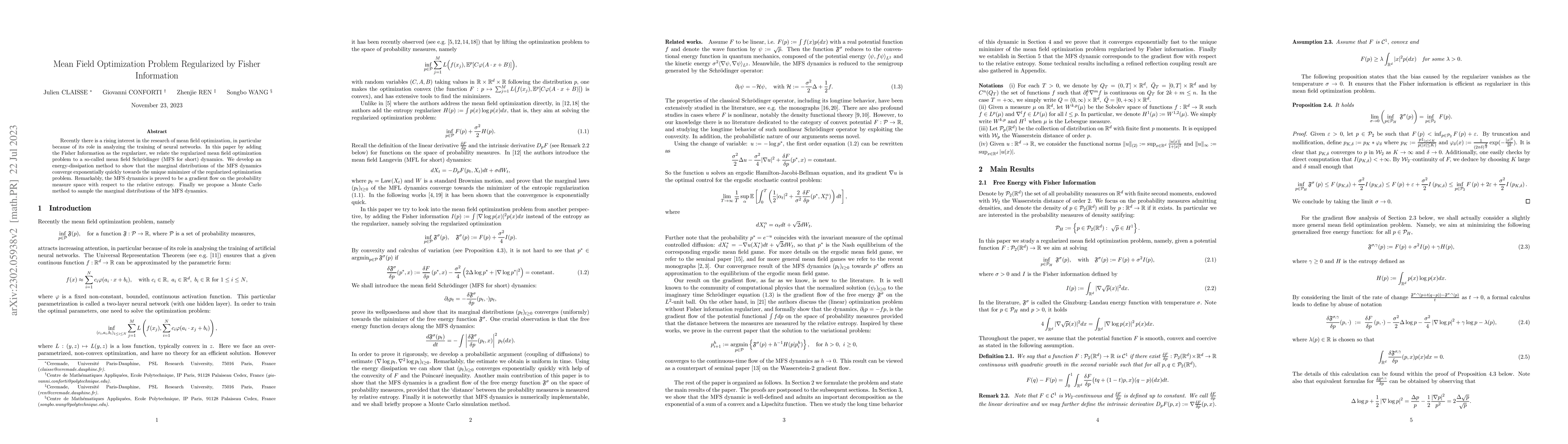 Thumbnail for Mean Field Optimization Problem Regularized by Fisher Information