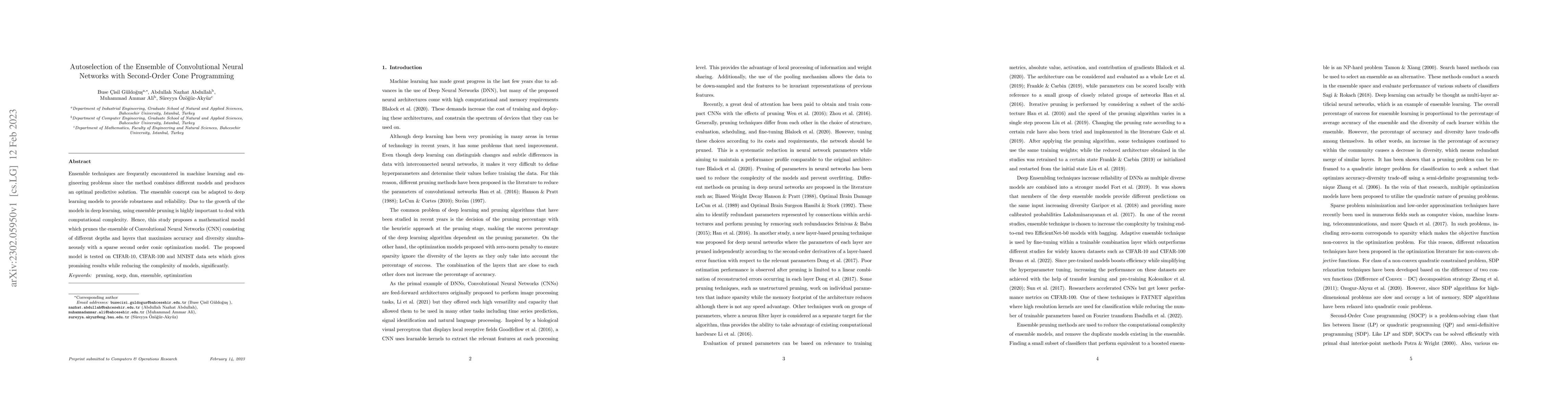 Thumbnail for Autoselection of the Ensemble of Convolutional Neural Networks with
  Second-Order Cone Programming