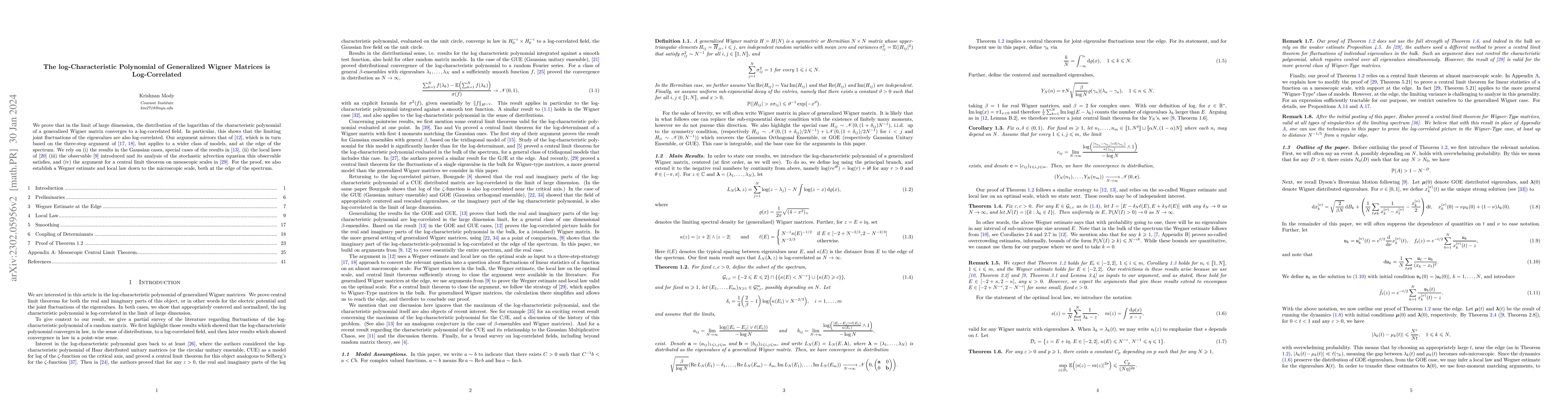 Thumbnail for The log-Characteristic Polynomial of Generalized Wigner Matrices is
  Log-Correlated