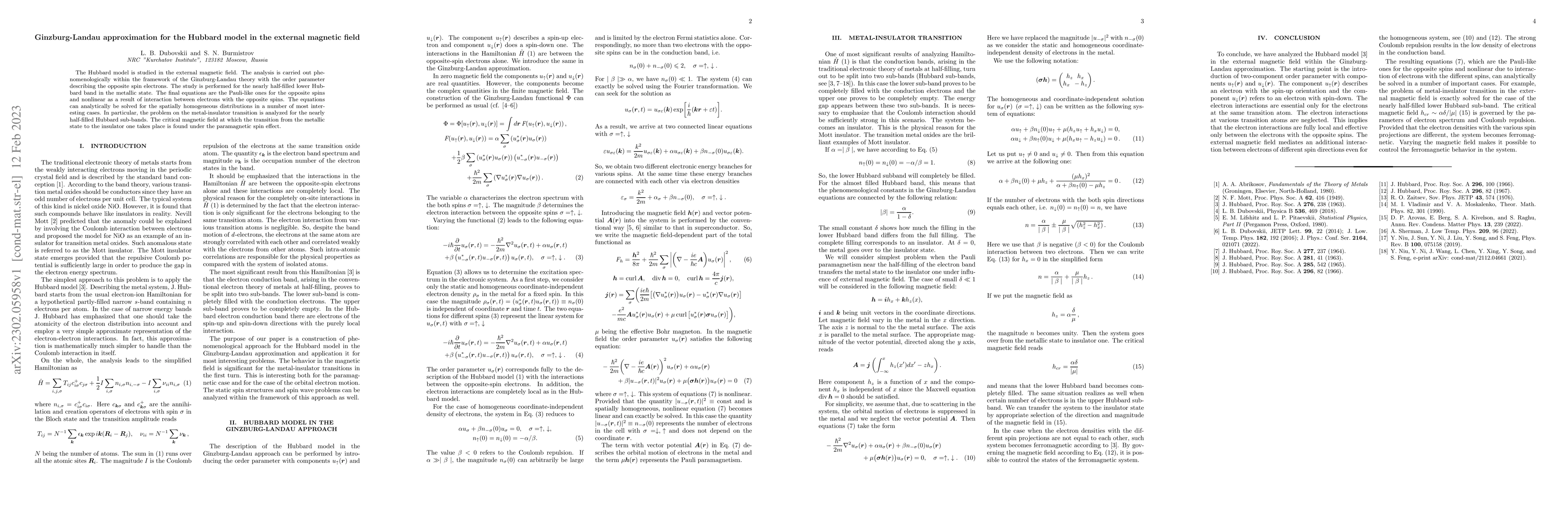 Thumbnail for Ginzburg-Landau approximation for the Hubbard model in the external
  magnetic field