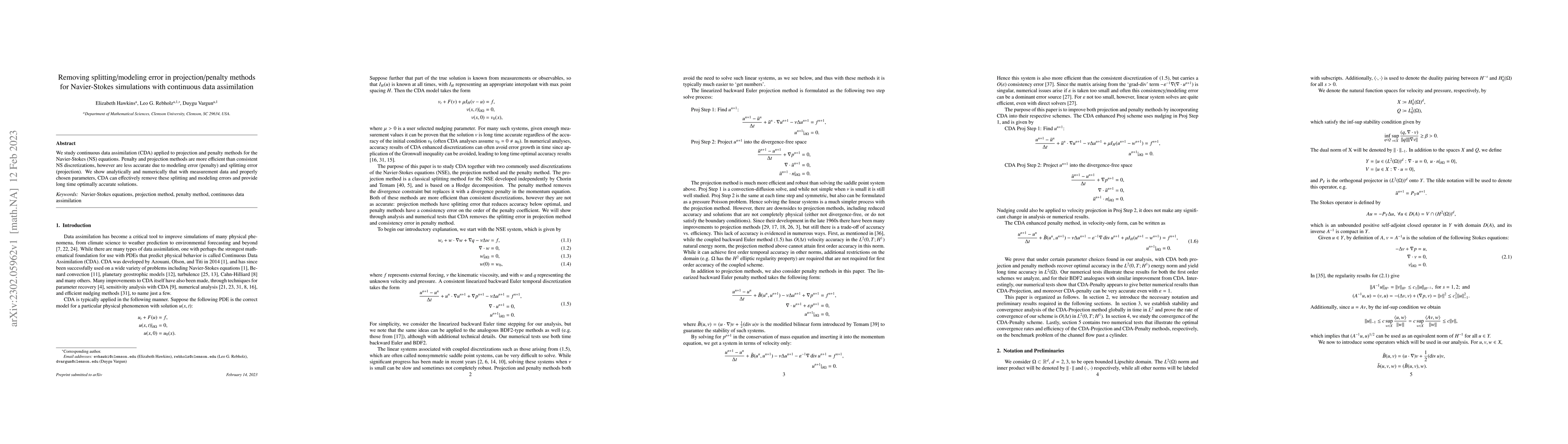 Thumbnail for Removing splitting/modeling error in projection/penalty methods for
  Navier-Stokes simulations with continuous data assimilation