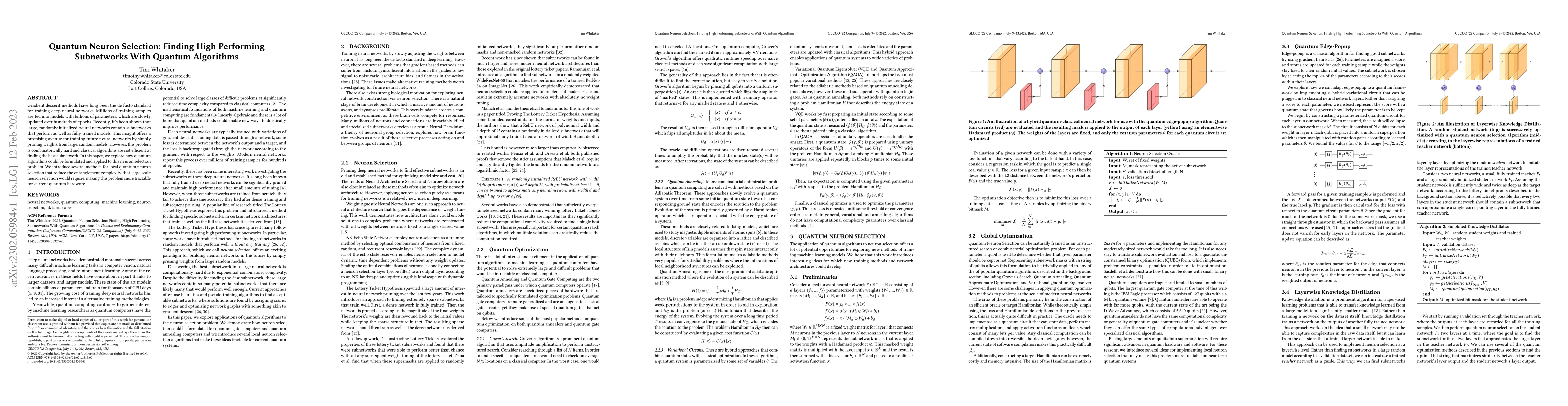 Thumbnail for Quantum Neuron Selection: Finding High Performing Subnetworks With
  Quantum Algorithms