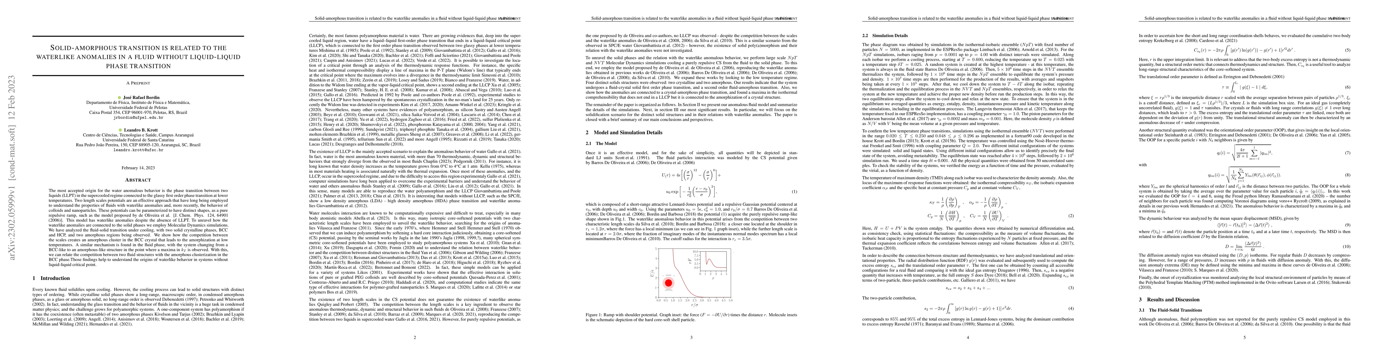 Thumbnail for Solid-amorphous transition is related to the waterlike anomalies in a
  fluid without liquid-liquid phase transition