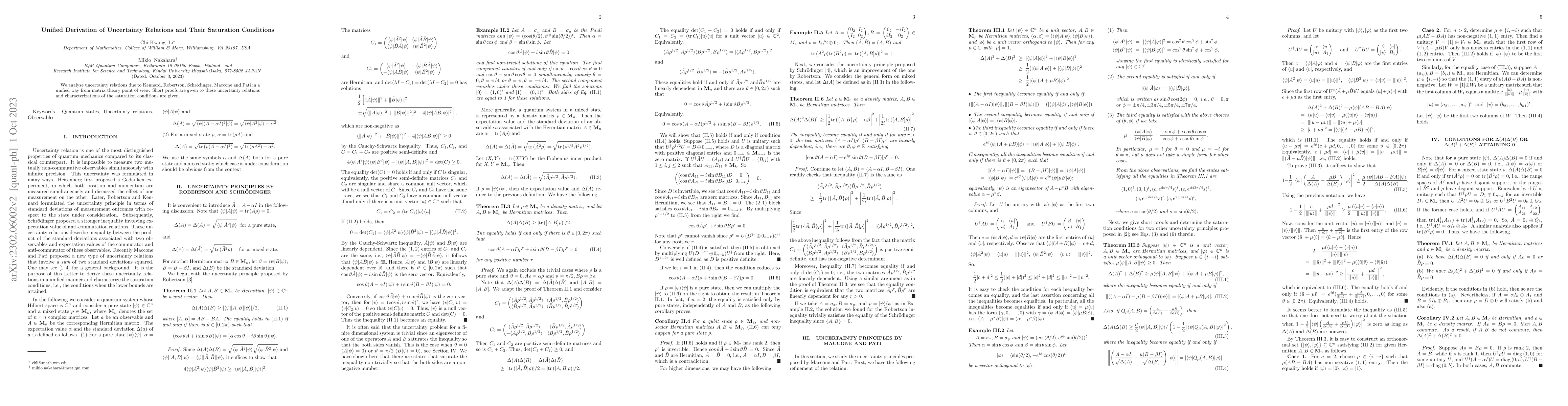 Thumbnail for Unified Derivation of Uncertainty Relations and Their Saturation
  Conditions