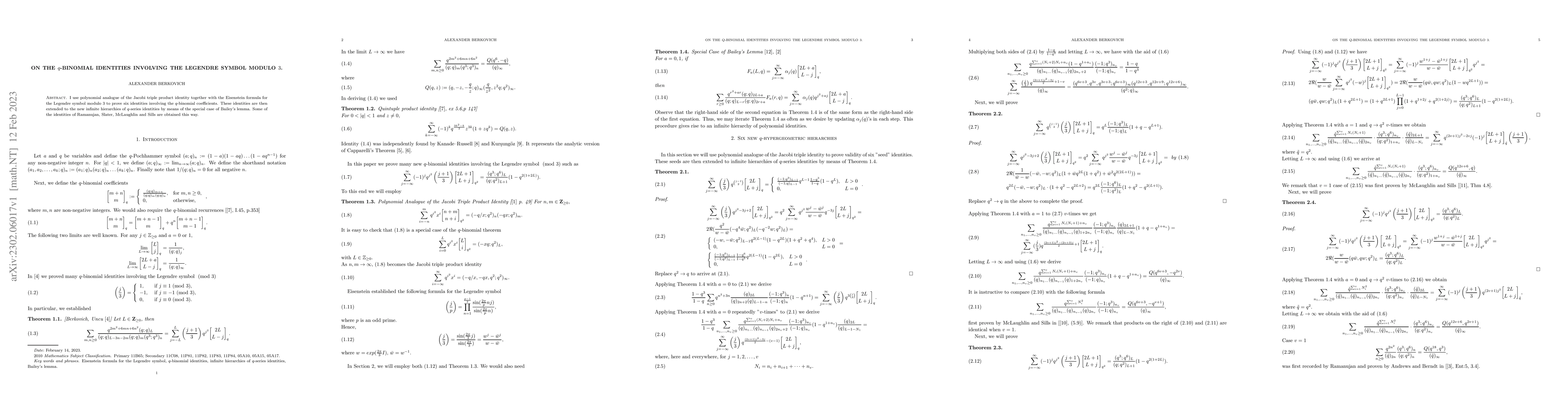 Thumbnail for On the q-binomial identities involving the Legendre symbol modulo 3