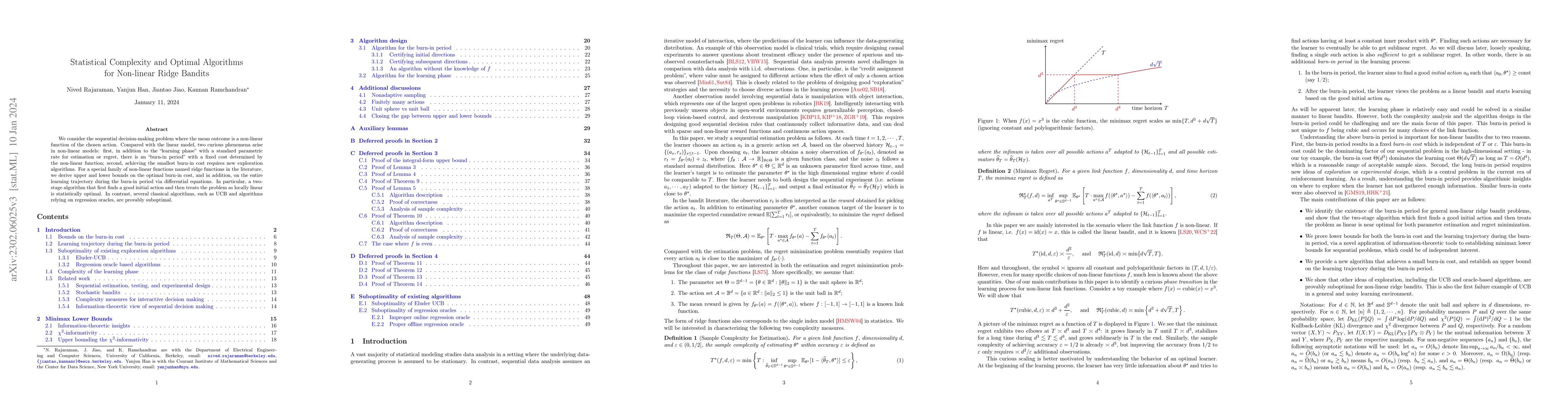 Thumbnail for Statistical Complexity and Optimal Algorithms for Non-linear Ridge
  Bandits