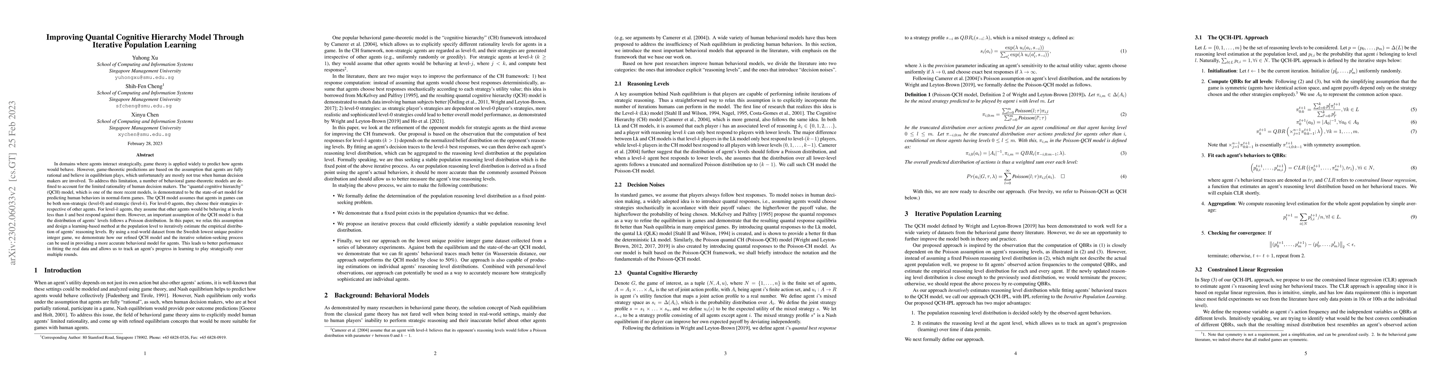 Thumbnail for Improving Quantal Cognitive Hierarchy Model Through Iterative Population
  Learning