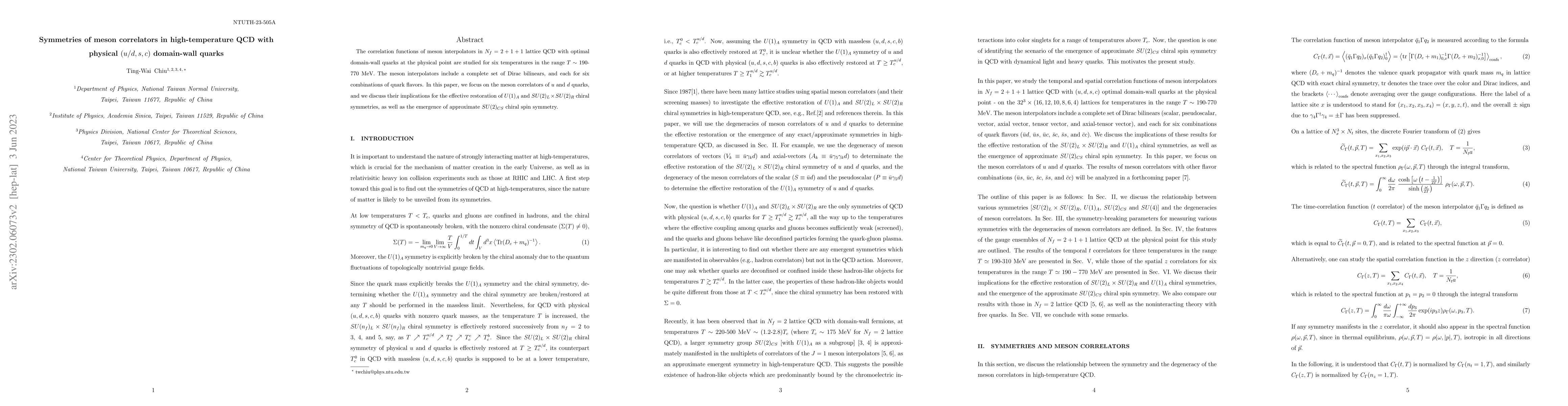 Thumbnail for Symmetries of meson correlators in high temperature QCD with physical
  $(u/d, s, c)$ domain-wall quarks