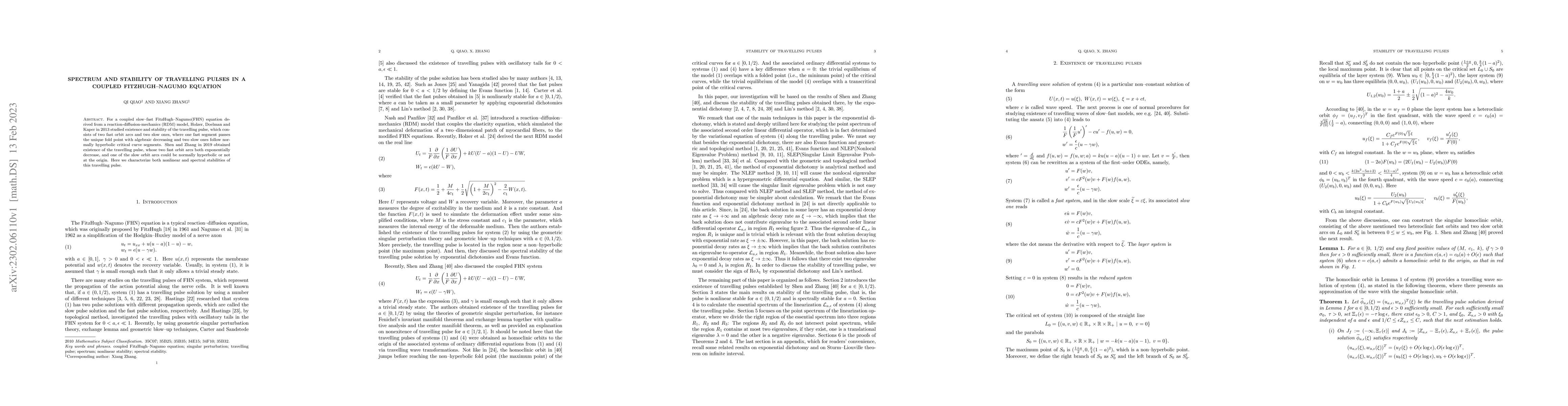 Thumbnail for Spectrum and stability of travelling pulses in a coupled
  FitzHugh--Nagumo equation