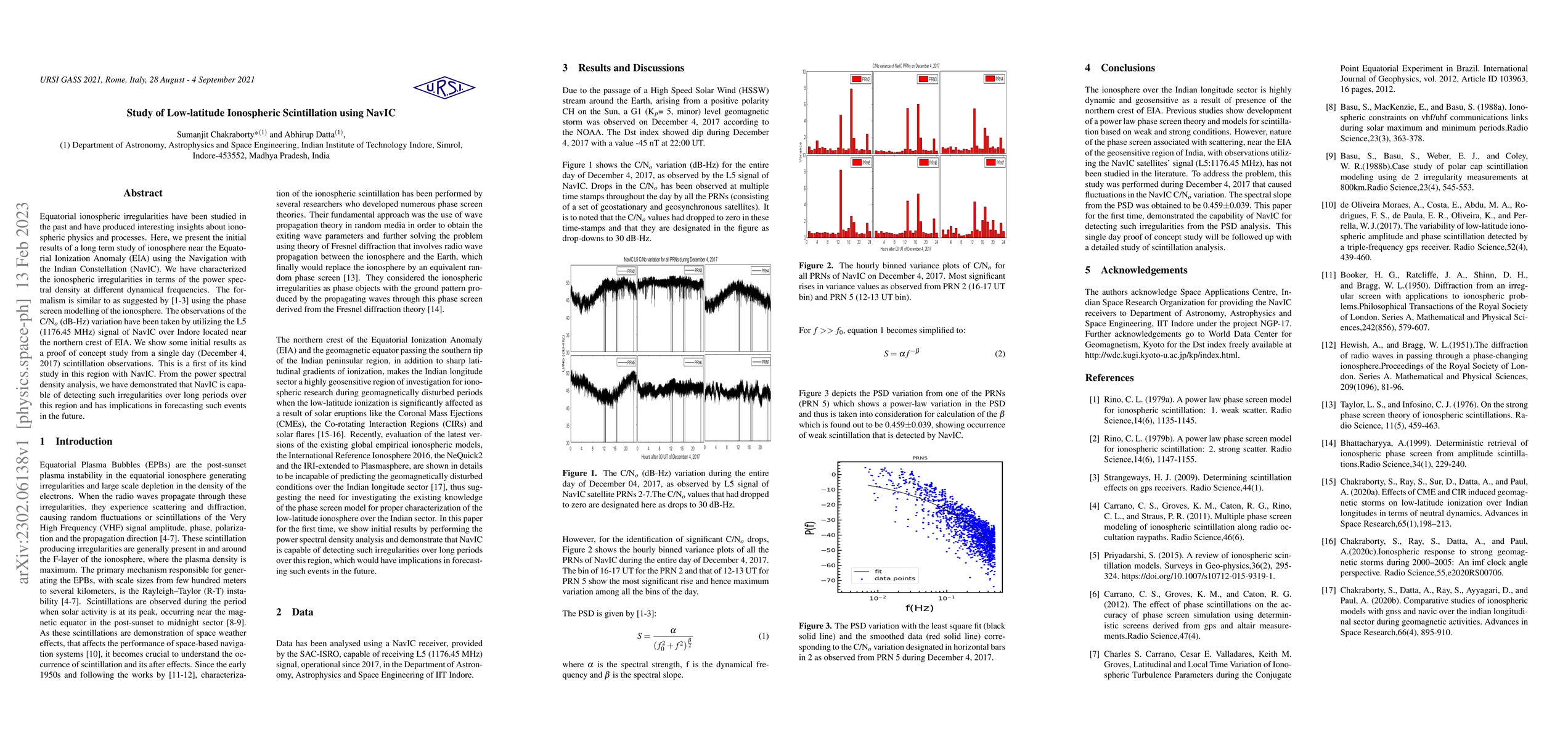 Thumbnail for Study of Low-latitude Ionospheric Scintillation using NavIC