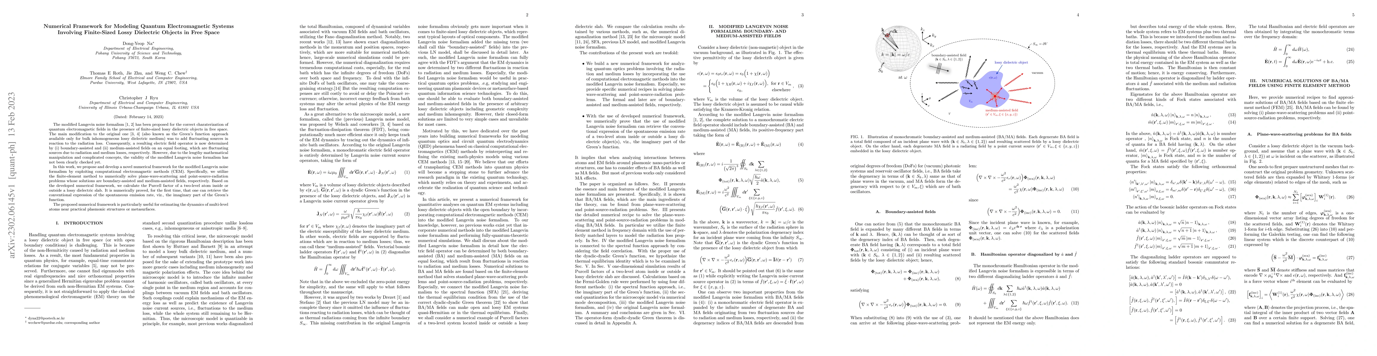 Thumbnail for Numerical Framework for Modeling Quantum Electromagnetic Systems
  Involving Finite-Sized Lossy Dielectric Objects in Free Space