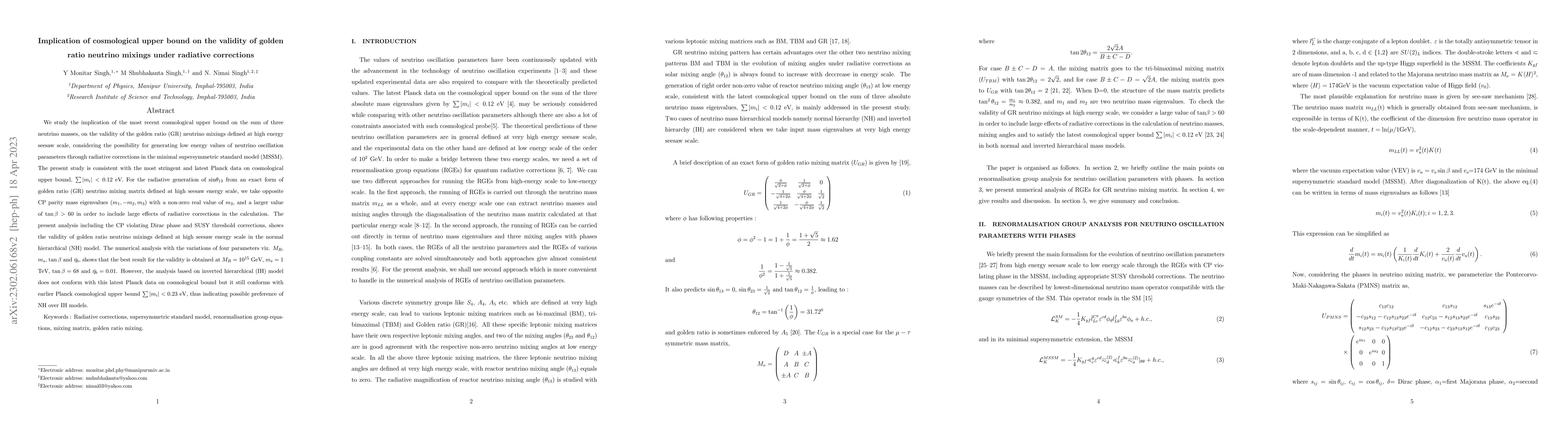 Thumbnail for Implication of cosmological upper bound on the validity of golden ratio
  neutrino mixings under radiative corrections
