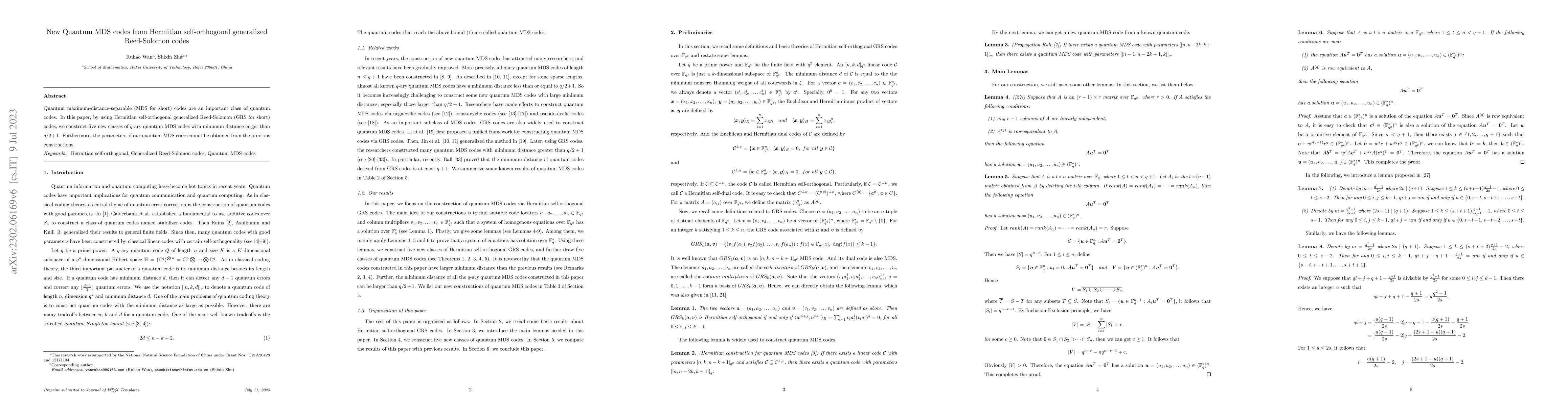 Thumbnail for New Quantum MDS codes from Hermitian self-orthogonal generalized
  Reed-Solomon codes