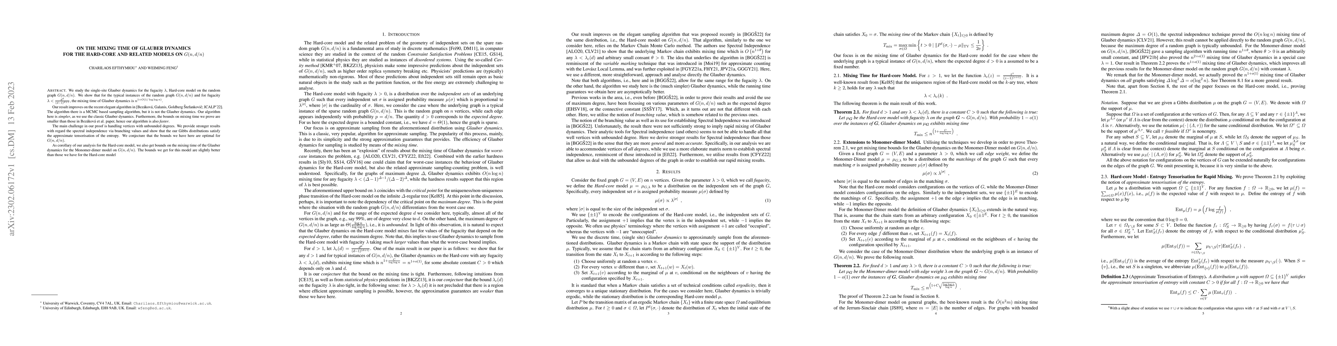 Thumbnail for On the Mixing Time of Glauber Dynamics for the Hard-core and Related
  Models on G(n,d/n)