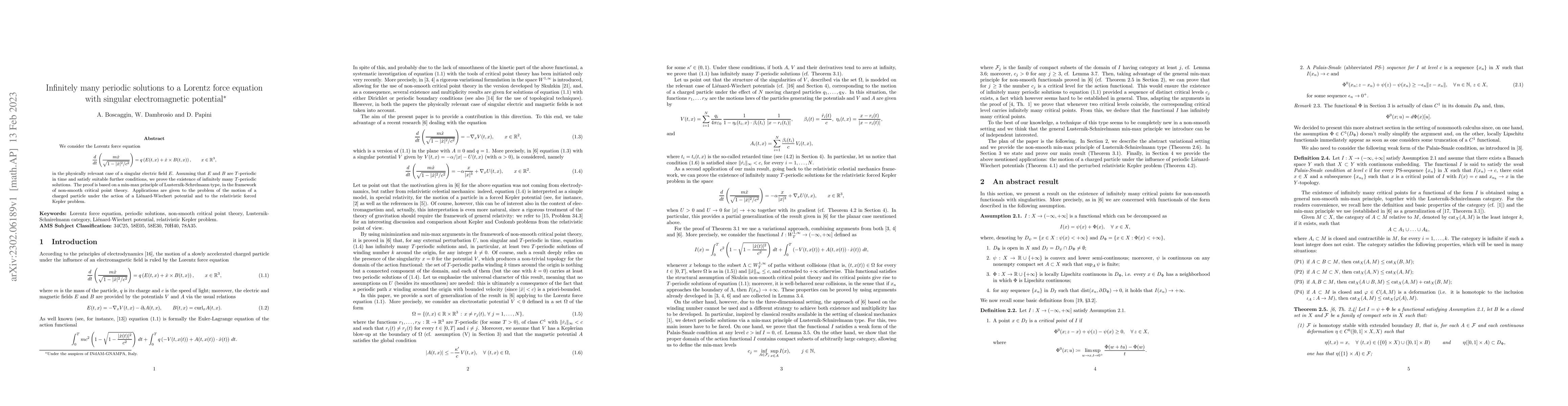 Thumbnail for Infinitely many periodic solutions to a Lorentz force equation with
  singular electromagnetic potential