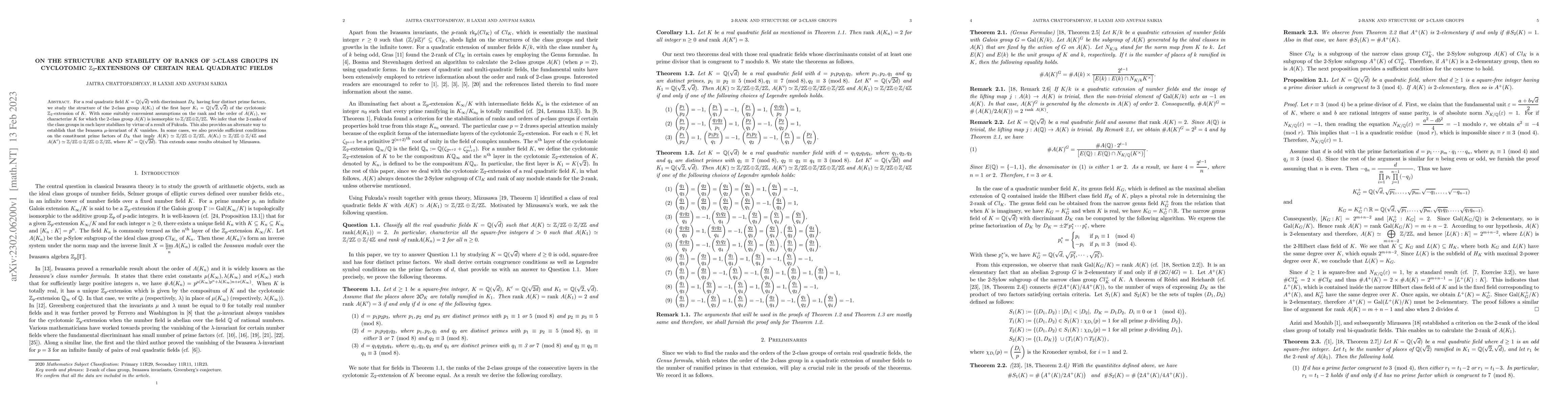 Thumbnail for On the structure and stability of ranks of $2$-class groups in
  cyclotomic $\mathbb{Z}_{2}$-extensions of certain real quadratic fields