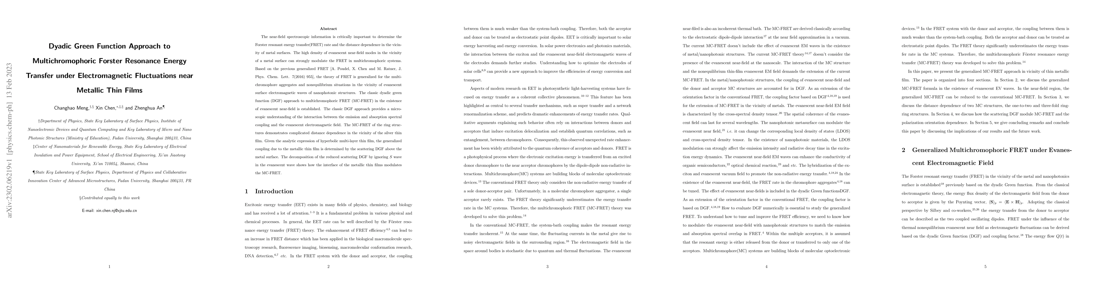 Thumbnail for Dyadic Green Function Approach to Multichromophoric Forster Resonance
  Energy Transfer under Electromagnetic Fluctuations near Metallic Thin Films