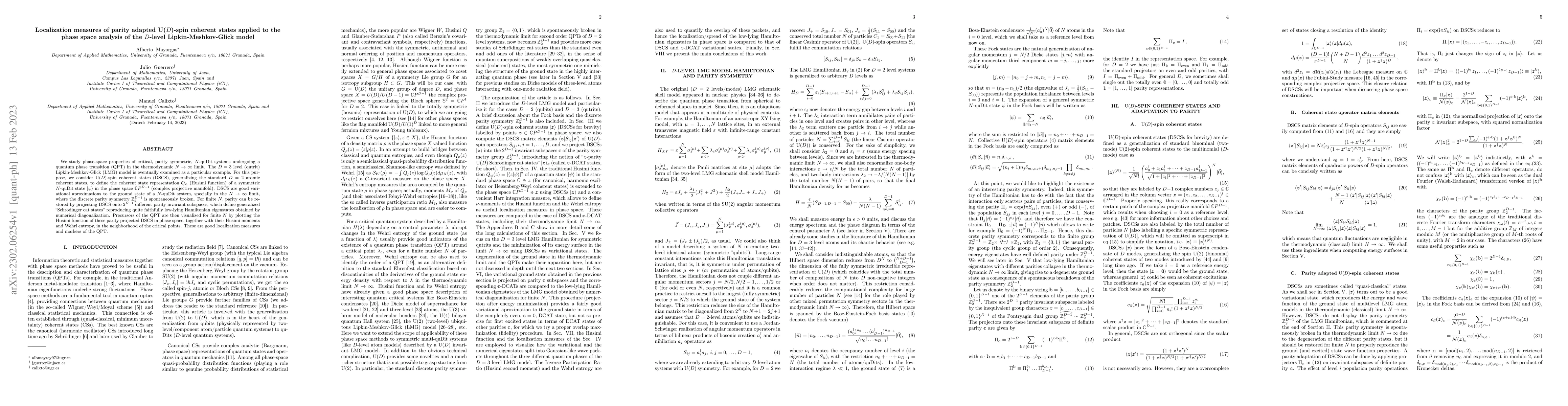Thumbnail for Localization measures of parity adapted U($D$)-spin coherent states
  applied to the phase space analysis of the $D$-level Lipkin-Meshkov-Glick
  model