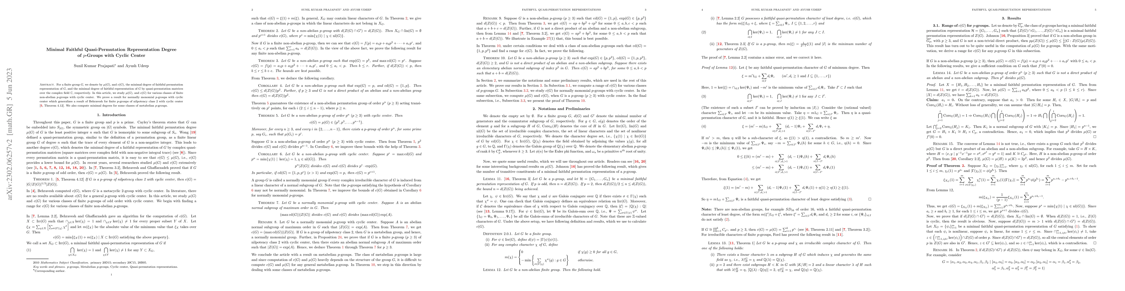 Thumbnail for Minimal Faithful Quasi-Permutation Representation Degree of p-Groups
  with Cyclic Center