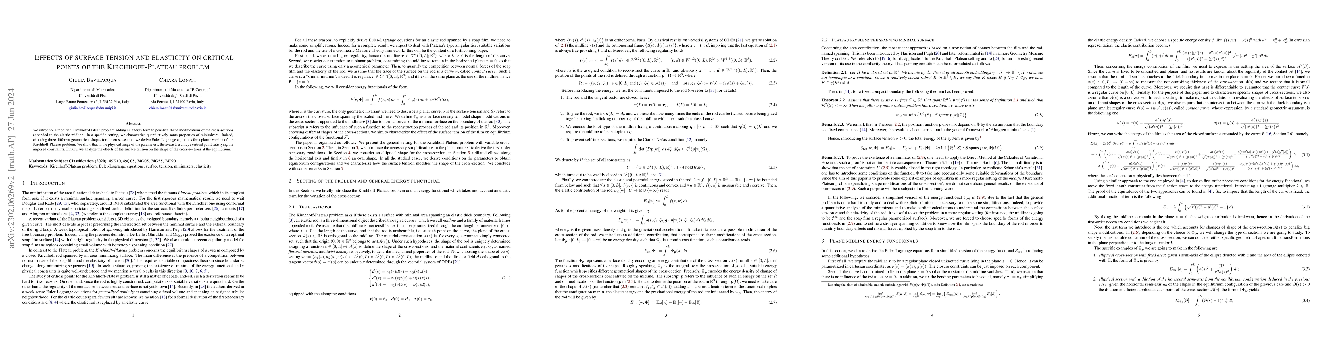 Thumbnail for Effects of surface tension and elasticity on critical points of the
  Kirchhoff-Plateau problem