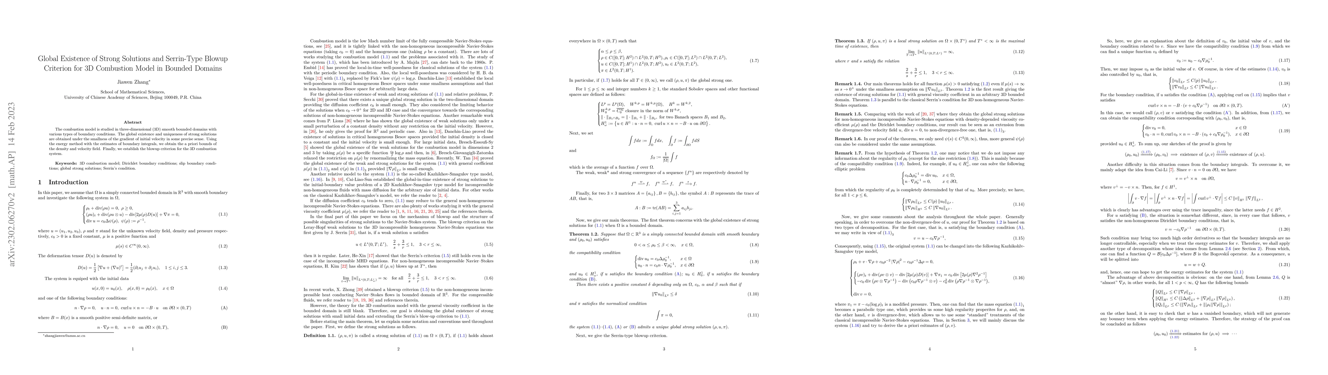Thumbnail for Global Existence of Strong Solutions and Serrin-Type Blowup Criterion
  for 3D Combustion Model in Bounded Domains