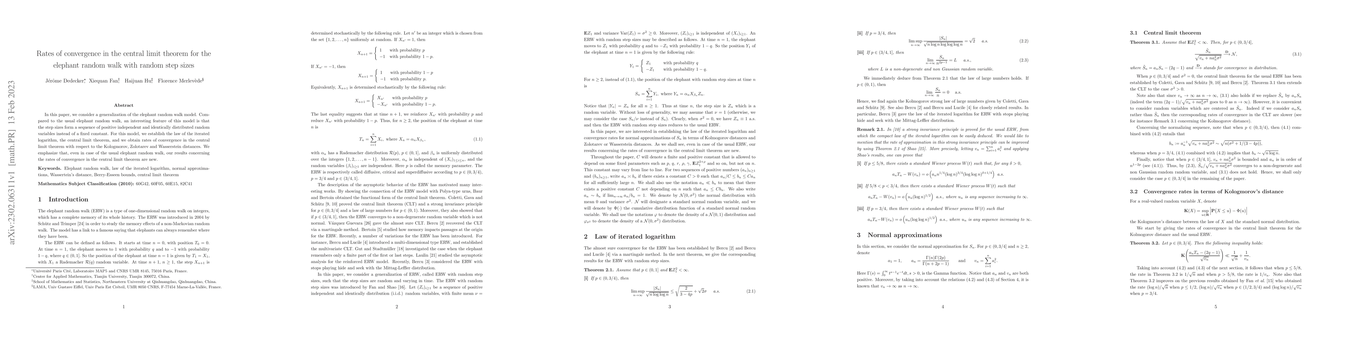Thumbnail for Rates of convergence in the central limit theorem for the elephant
  random walk with random step sizes