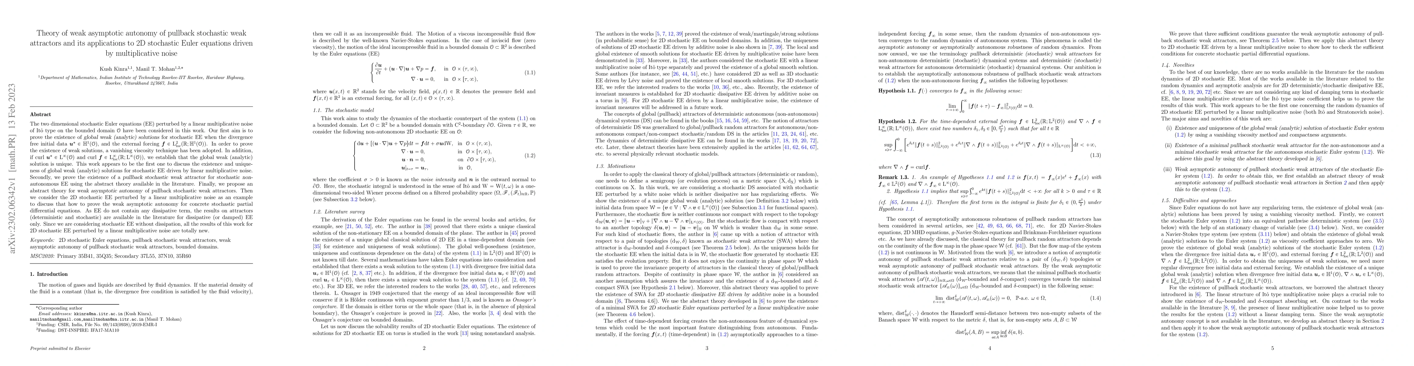 Thumbnail for Theory of weak asymptotic autonomy of pullback stochastic weak
  attractors and its applications to 2D stochastic Euler equations driven by
  multiplicative noise
