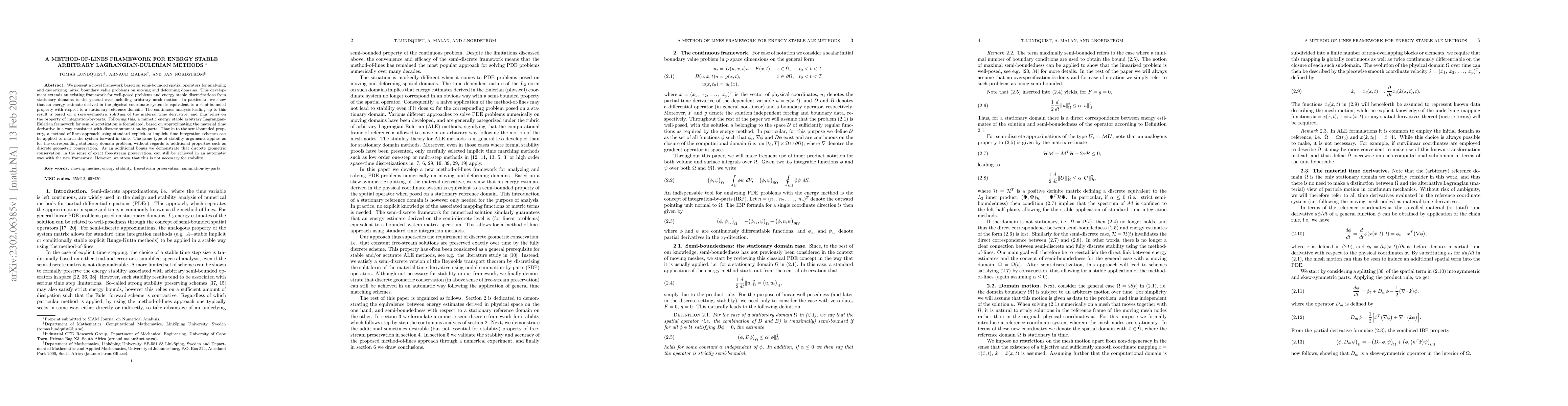 Thumbnail for A method-of-lines framework for energy stable arbitrary
  Lagrangian-Eulerian methods