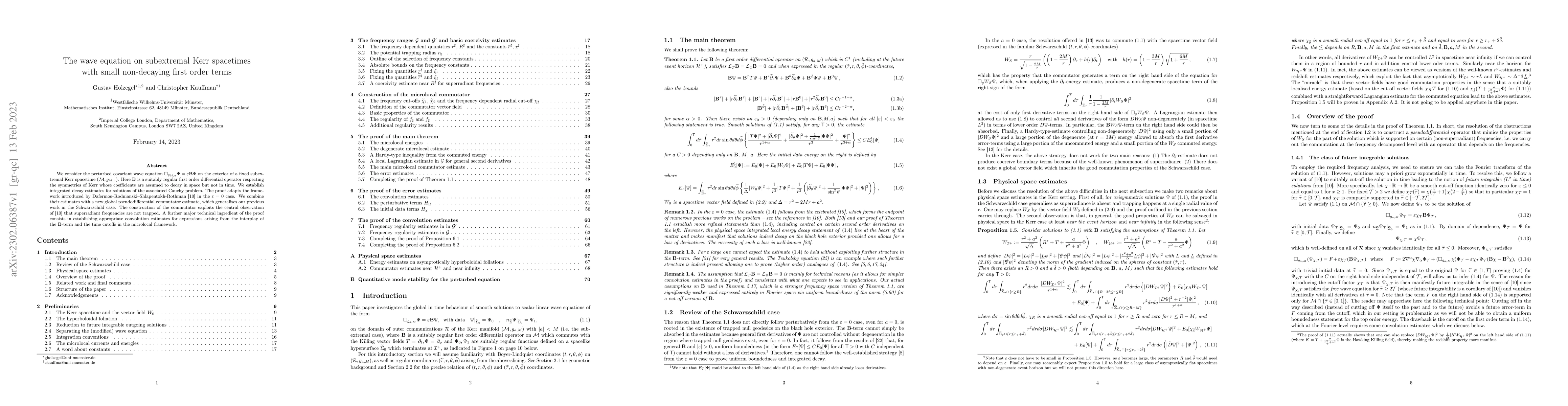 Thumbnail for The wave equation on subextremal Kerr spacetimes with small non-decaying
  first order terms