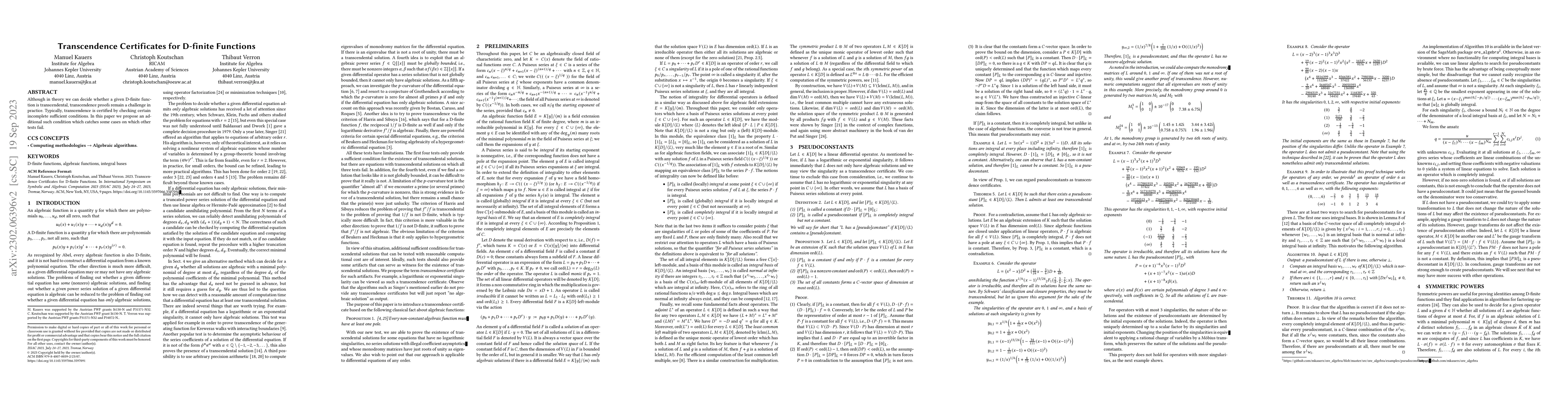 Thumbnail for Transcendence Certificates for D-finite Functions