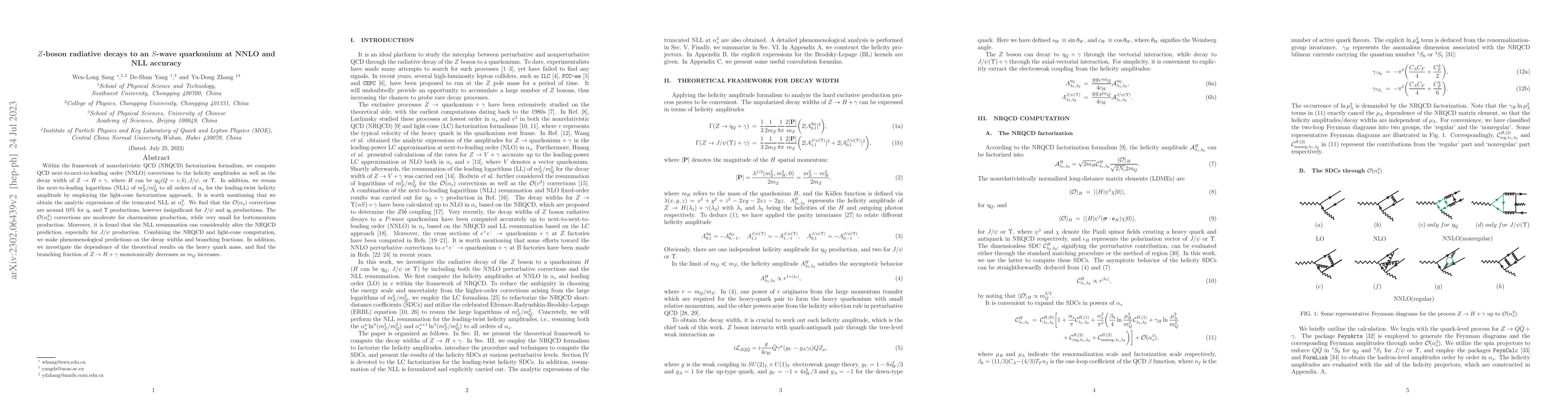 Thumbnail for $Z$ boson radiative decays to a $S$-wave quarkonium at NNLO and NLL
  accuracy