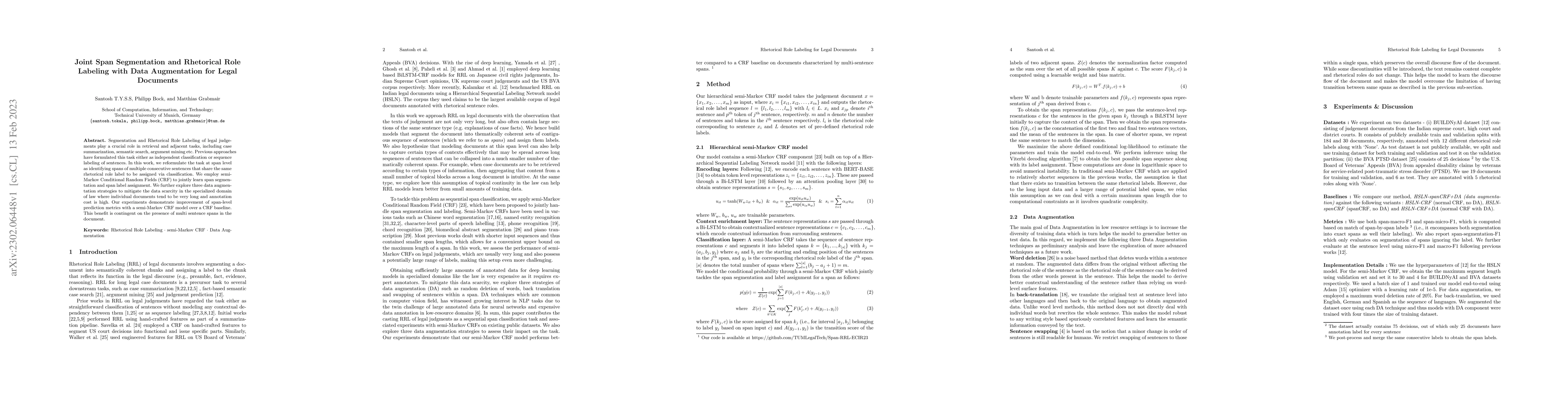 Thumbnail for Joint Span Segmentation and Rhetorical Role Labeling with Data
  Augmentation for Legal Documents