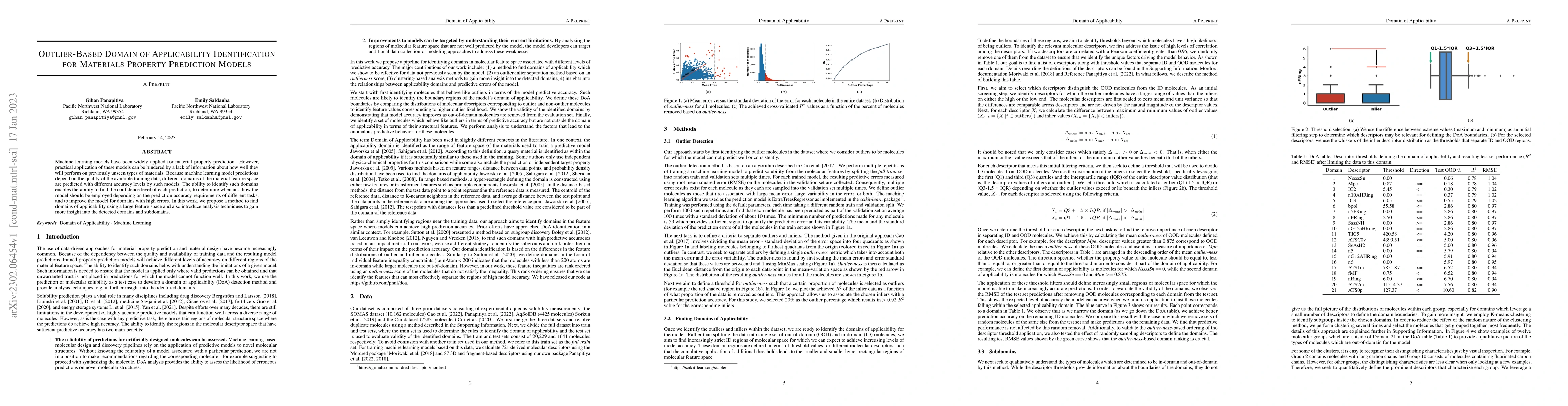 Thumbnail for Outlier-Based Domain of Applicability Identification for Materials
  Property Prediction Models