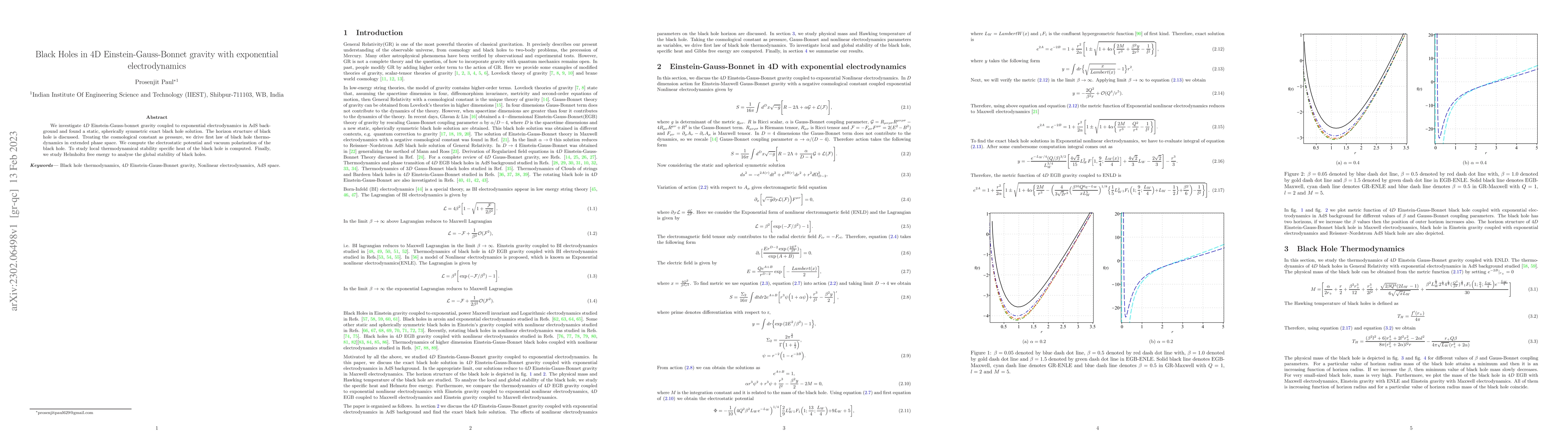 Thumbnail for Black Holes in 4D Einstein-Gauss-Bonnet gravity with exponential
  electrodynamics