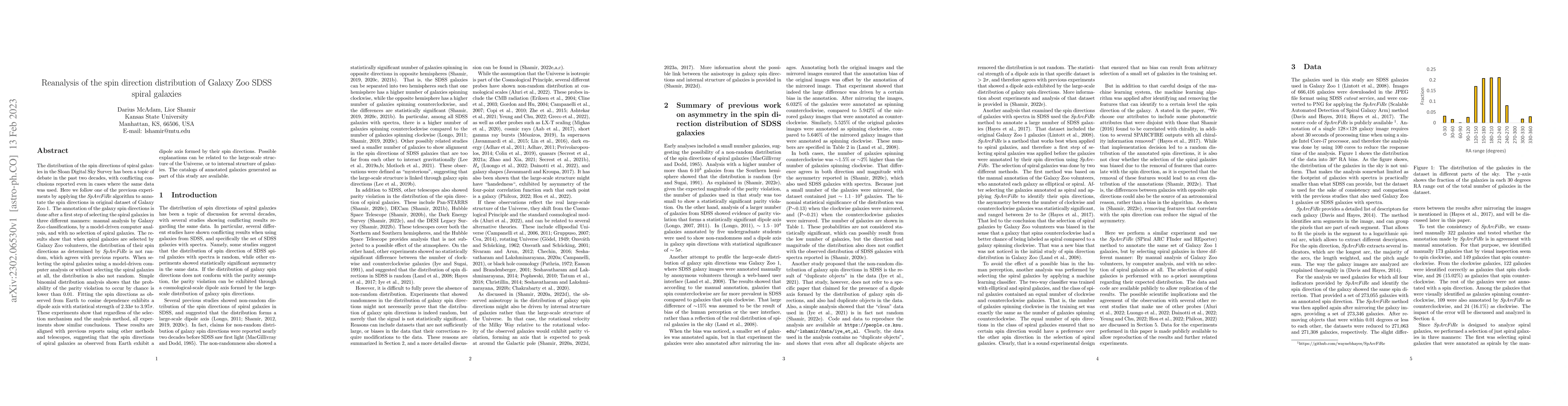 Thumbnail for Reanalysis of the spin direction distribution of Galaxy Zoo SDSS spiral
  galaxies