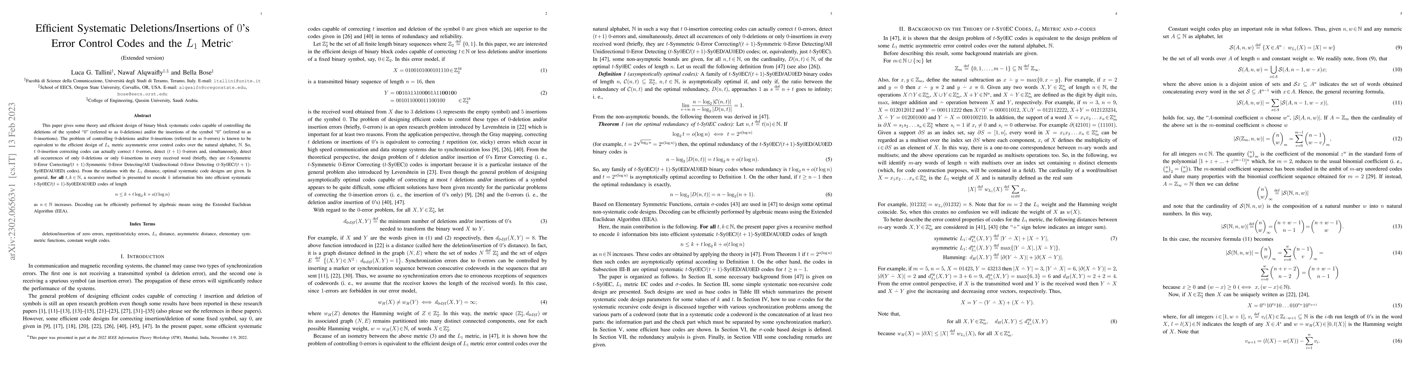Thumbnail for Efficient Systematic Deletions/Insertions of $0$'s Error Control Codes
  and the $L_{1}$ Metric (Extended version)
