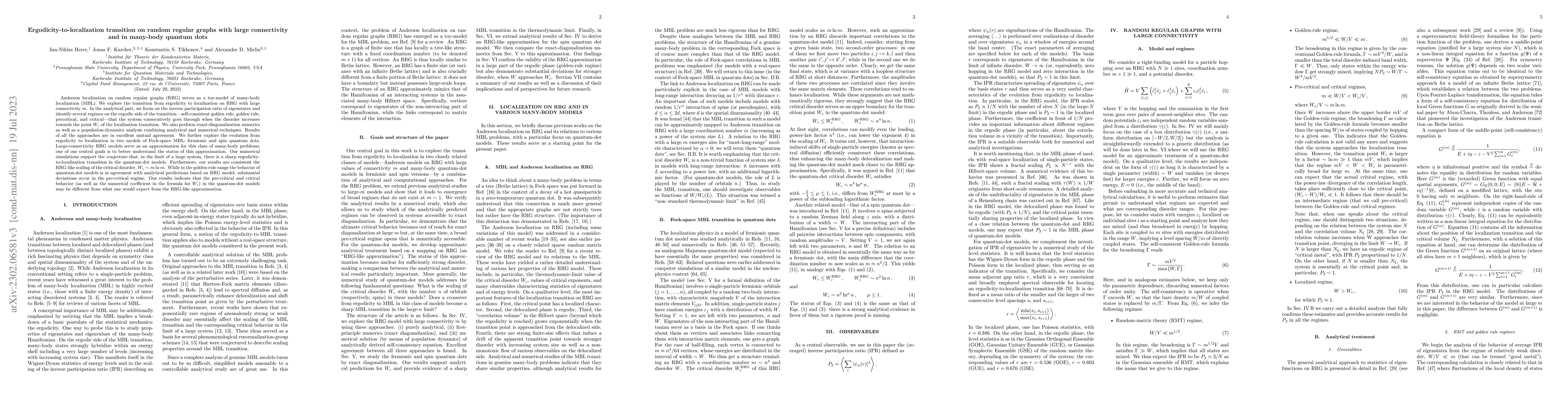 Thumbnail for Ergodicity-to-localization transition on random regular graphs with
  large connectivity and in many-body quantum dots