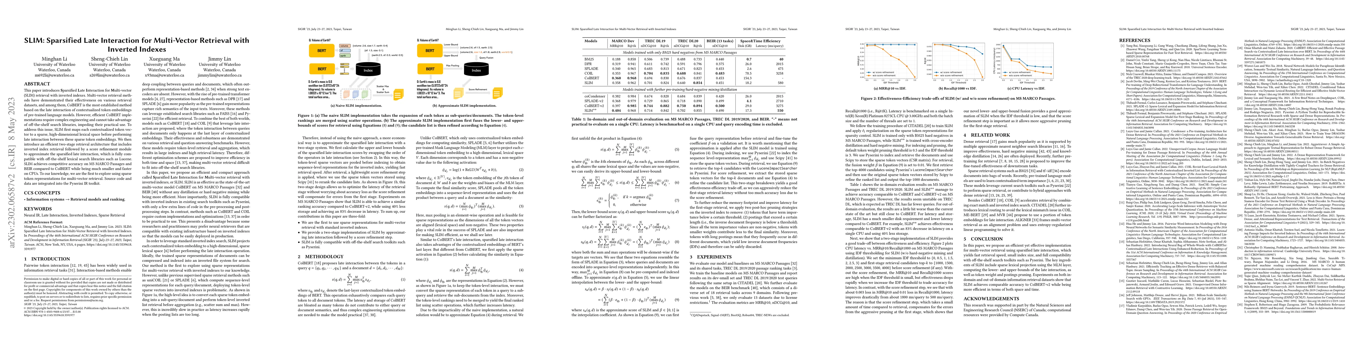 Thumbnail for SLIM: Sparsified Late Interaction for Multi-Vector Retrieval with
  Inverted Indexes